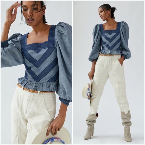 NWT ANTHROPOLOGIE LOVE THE LABEL SMOCKED PUFF-SLEEVE BLOUSE IN DENIM - Picture 1 of 5